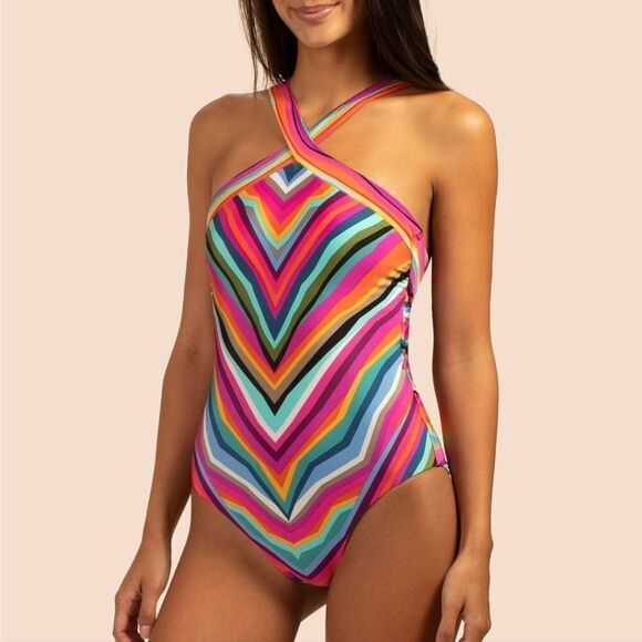 Trina Turk Louvre Stripe Reversible High Neck One Piece Swimsuit Size 12 - Picture 16 of 16